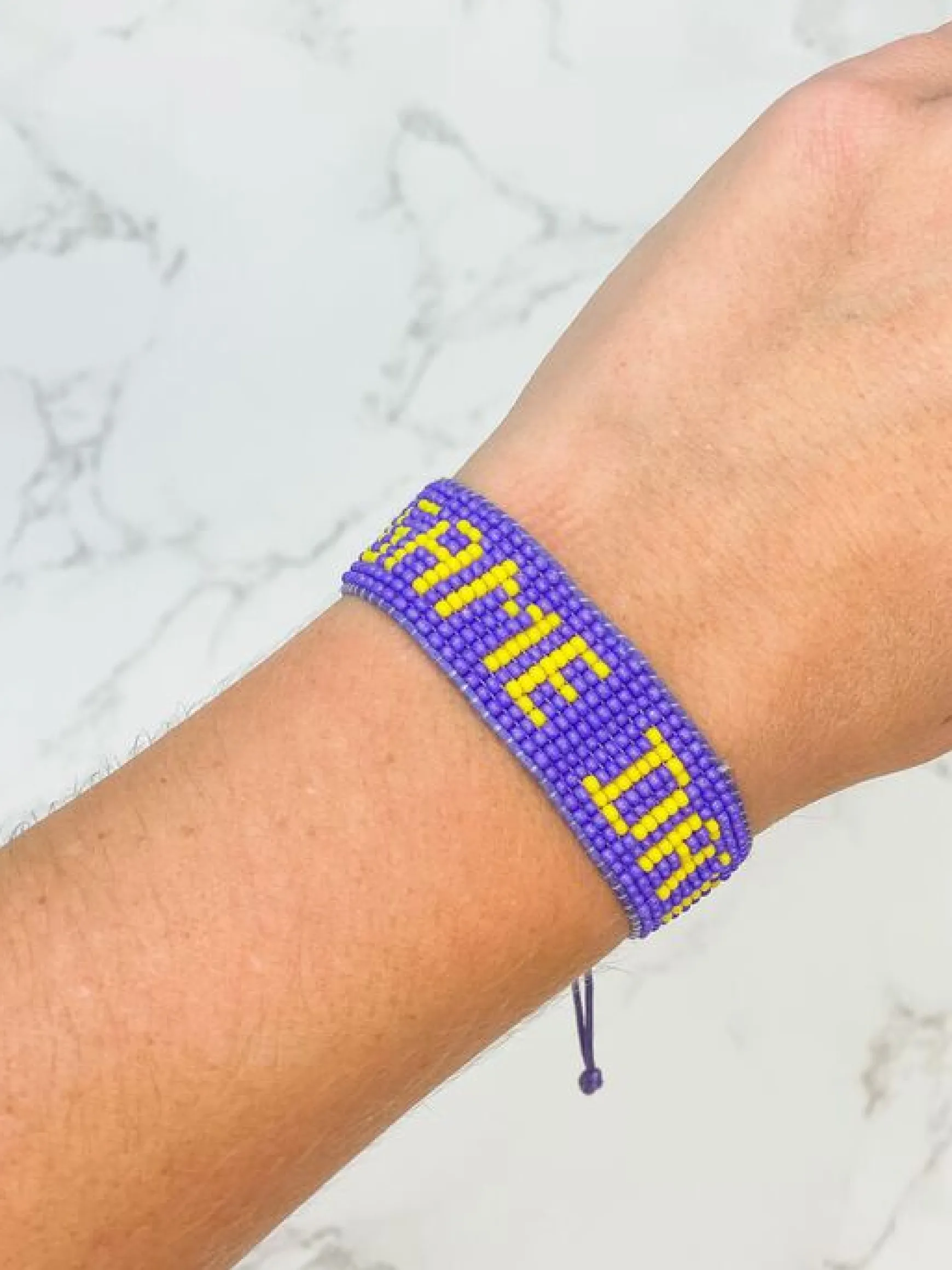 'Game Day' Beaded Adjustable Bracelet - Purple & Yellow