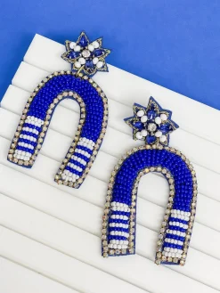 Game Day Beaded Arch Dangle Earrings - Blue & White