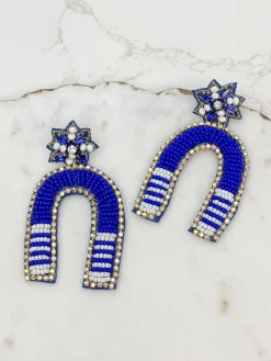 Game Day Beaded Arch Dangle Earrings - Blue & White