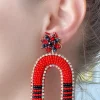 Game Day Beaded Arch Dangle Earrings - Red & Black