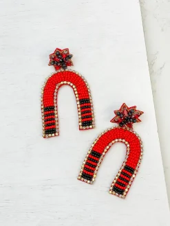 Game Day Beaded Arch Dangle Earrings - Red & Black