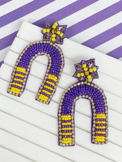 Game Day Beaded Arch Dangle Earrings - Purple & Yellow