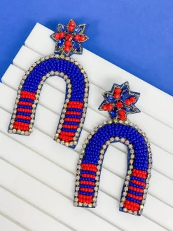 Game Day Beaded Arch Dangle Earrings - Blue & Red