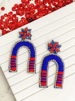 Game Day Beaded Arch Dangle Earrings - Blue & Red