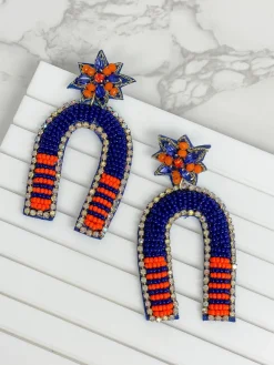 Game Day Beaded Arch Dangle Earrings - Navy & Orange
