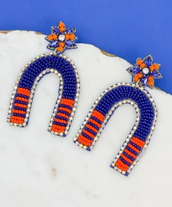 Game Day Beaded Arch Dangle Earrings - Navy & Orange