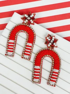 Game Day Beaded Arch Dangle Earrings - Red & White