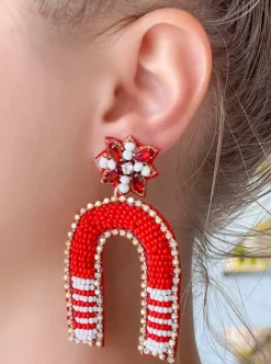 Game Day Beaded Arch Dangle Earrings - Red & White