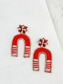 Game Day Beaded Arch Dangle Earrings - Red & White