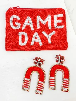 Game Day Beaded Arch Dangle Earrings - Red & White
