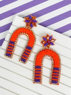 Game Day Beaded Arch Dangle Earrings - Orange & Purple
