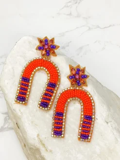 Game Day Beaded Arch Dangle Earrings - Orange & Purple