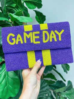 'Game Day' Beaded Clutch & Convertible Crossbody - Purple & Yellow