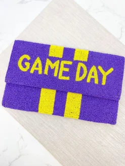 'Game Day' Beaded Clutch & Convertible Crossbody - Purple & Yellow