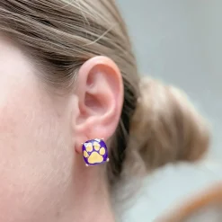 Game Day Paw Print Printed Stud Earrings - Yellow