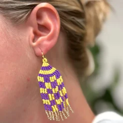 Game Day Seed Bead Fringe Dangle Earrings - Purple & Yellow