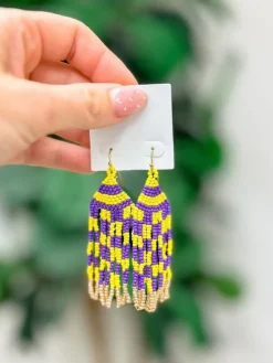 Game Day Seed Bead Fringe Dangle Earrings - Purple & Yellow