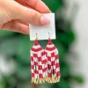 Game Day Seed Bead Fringe Dangle Earrings - Red & White