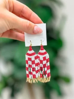 Game Day Seed Bead Fringe Dangle Earrings - Red & White