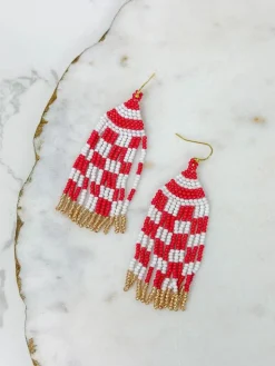 Game Day Seed Bead Fringe Dangle Earrings - Red & White