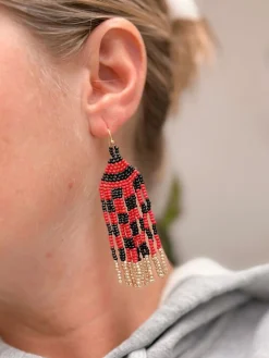 Game Day Seed Bead Fringe Dangle Earrings - Red & Black
