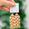 Game Day Seed Bead Fringe Dangle Earrings - Orange & White