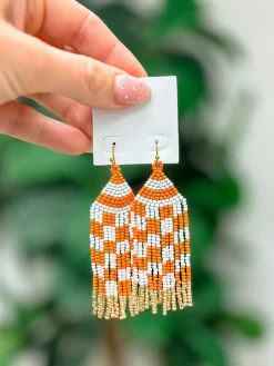 Game Day Seed Bead Fringe Dangle Earrings - Orange & White