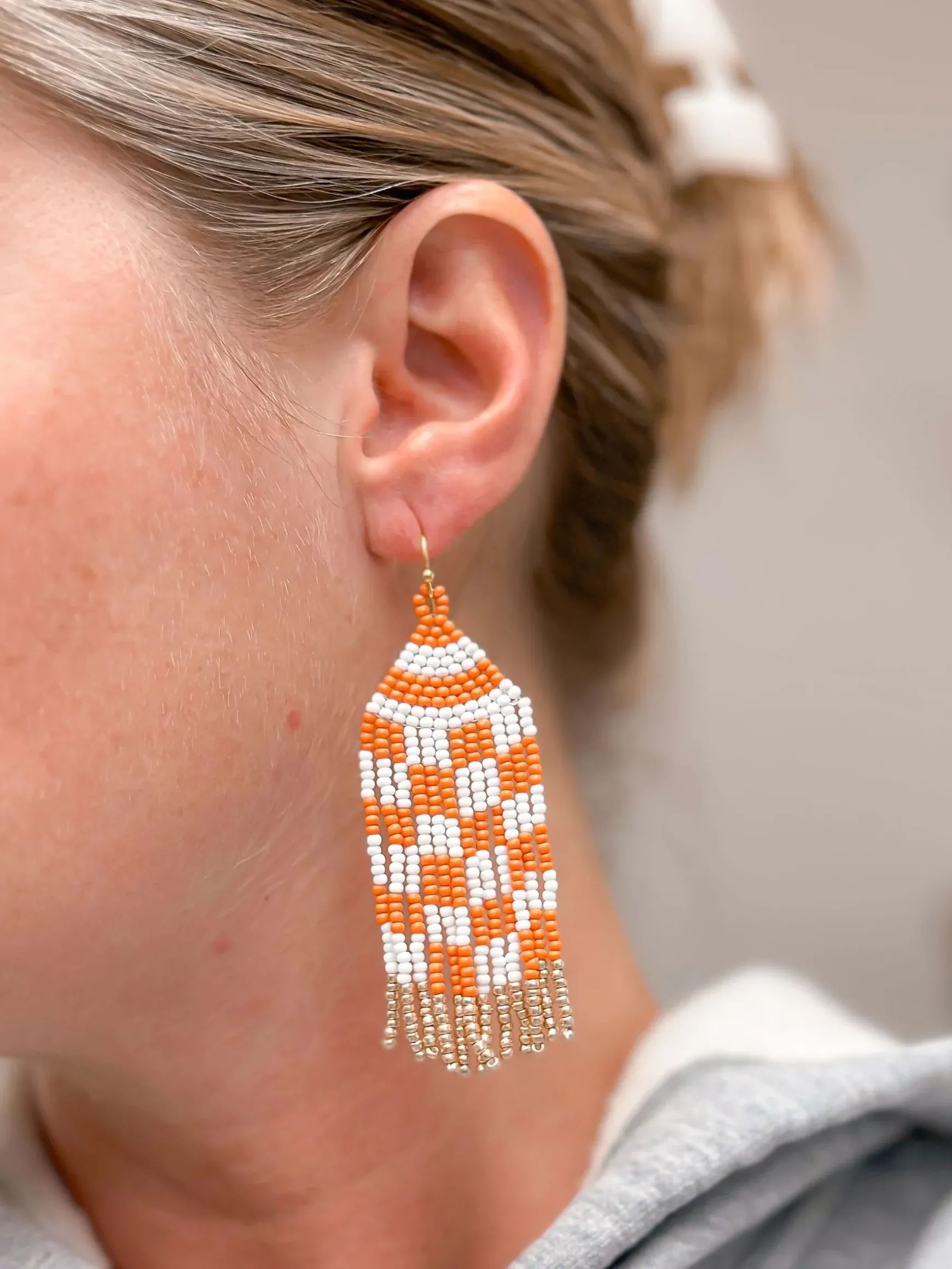 Game Day Seed Bead Fringe Dangle Earrings - Orange & White