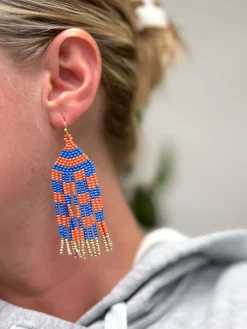 Game Day Seed Bead Fringe Dangle Earrings - Orange & Blue