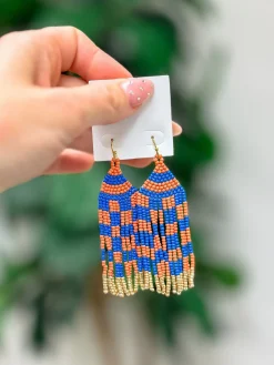 Game Day Seed Bead Fringe Dangle Earrings - Orange & Blue