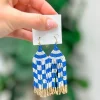 Game Day Seed Bead Fringe Dangle Earrings - Blue & White