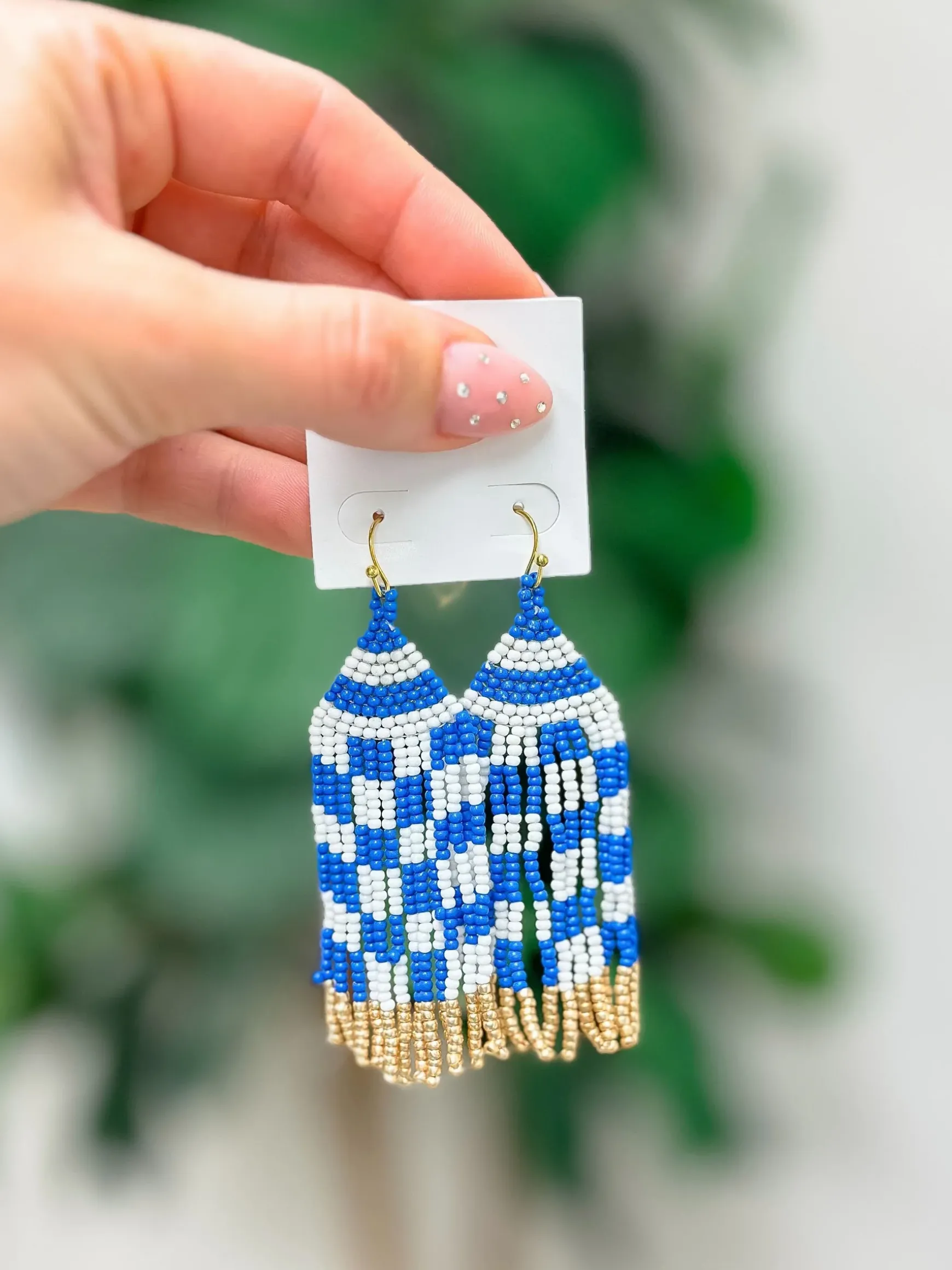 Game Day Seed Bead Fringe Dangle Earrings - Blue & White