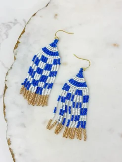 Game Day Seed Bead Fringe Dangle Earrings - Blue & White