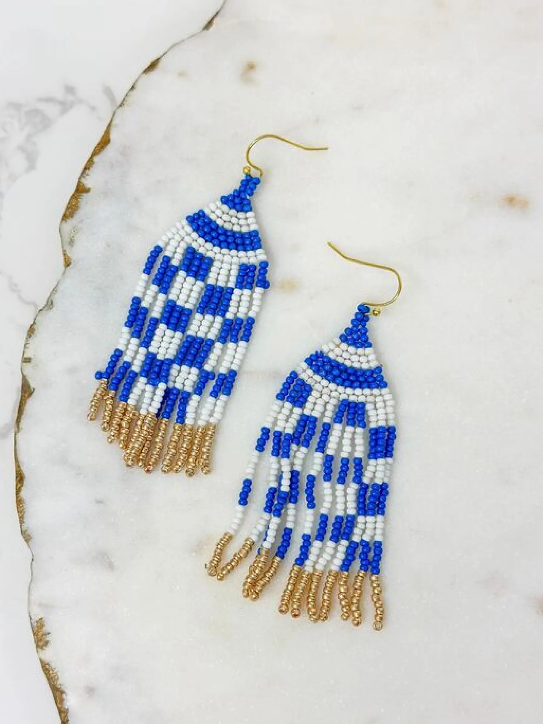 Game Day Seed Bead Fringe Dangle Earrings - Blue & White