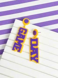 'Game Day' Statement Dangle Earrings - Yellow & Purple