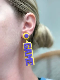 'Game Day' Statement Dangle Earrings - Yellow & Purple