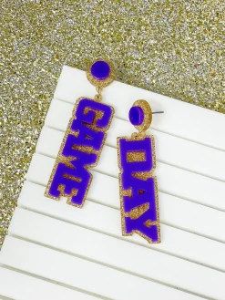 'Game Day' Statement Dangle Earrings - Gold & Purple
