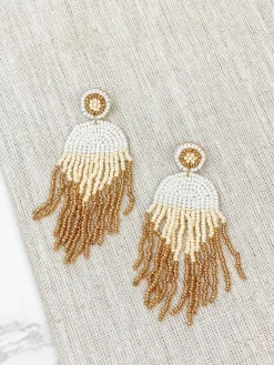 Geo Seed Bead Fringe Dangle Earrings - Ivory