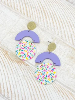 Geometric Circle Clay Dangle Earrings - Rainbow Confetti & Lavender