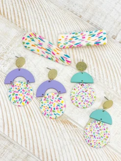 Geometric Circle Clay Dangle Earrings - Rainbow Confetti & Lavender