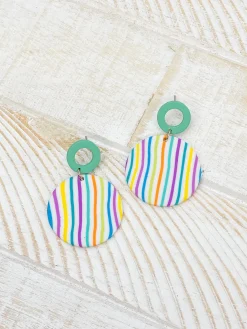 Geometric Circle Clay Dangle Earrings - Rainbow Stripe & Turquoise