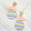 Geometric Circle Clay Dangle Earrings - Rainbow Stripe & Peach