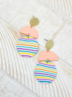 Geometric Circle Clay Dangle Earrings - Rainbow Stripe & Peach