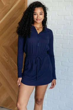 Getting Out Long Sleeve Hoodie Romper in Navy