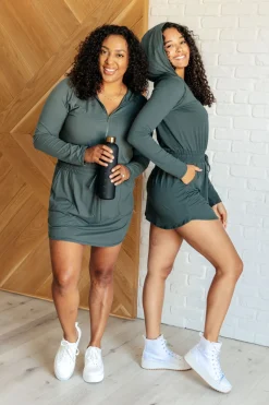 Getting Out Long Sleeve Hoodie Romper in Smoked Spruce