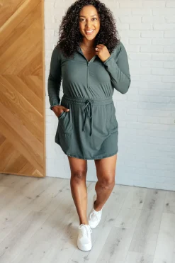 Getting Out Long Sleeve Hoodie Romper in Smoked Spruce