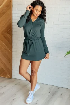 Getting Out Long Sleeve Hoodie Romper in Smoked Spruce