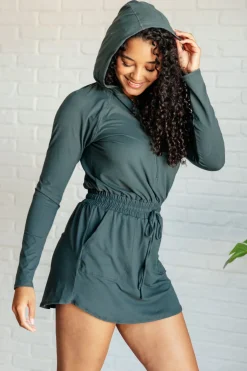 Getting Out Long Sleeve Hoodie Romper in Smoked Spruce