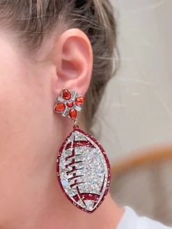 Glitter & Rhinestone College Football Dangle Earrings - Silver & Burgundy