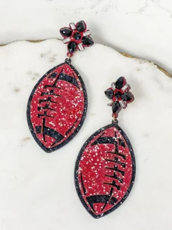 Glitter & Rhinestone College Football Dangle Earrings - Burgundy & Black